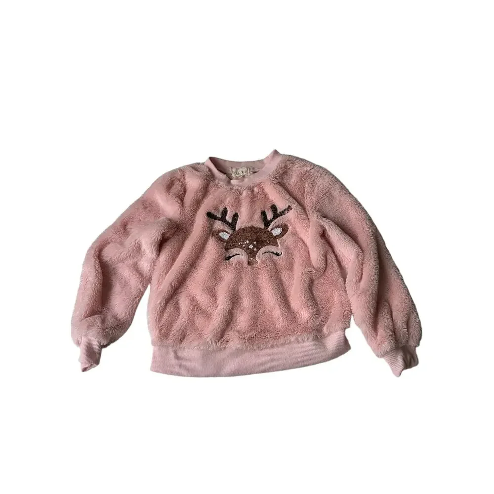 Girls Pink Fuzzy Deer Christmas Sweater - Size 7 - Picture 1 of 4